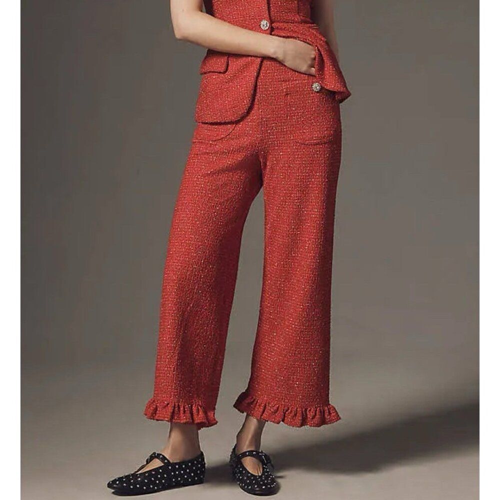 Anthropologie Colette Tweed Ruffle-Hem Crop Wide-Leg Pants Maeve Red Womens 25